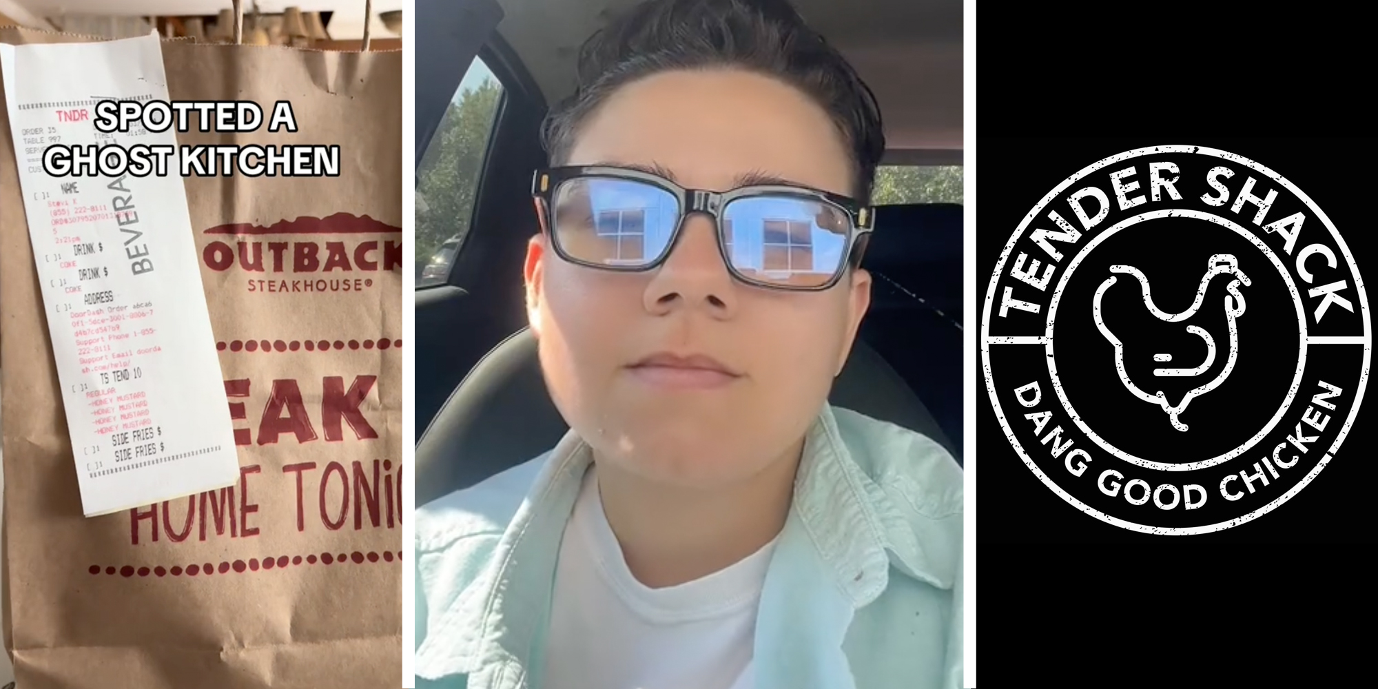 Take out bag(l), Person talking(c), Tender shack logo(r)