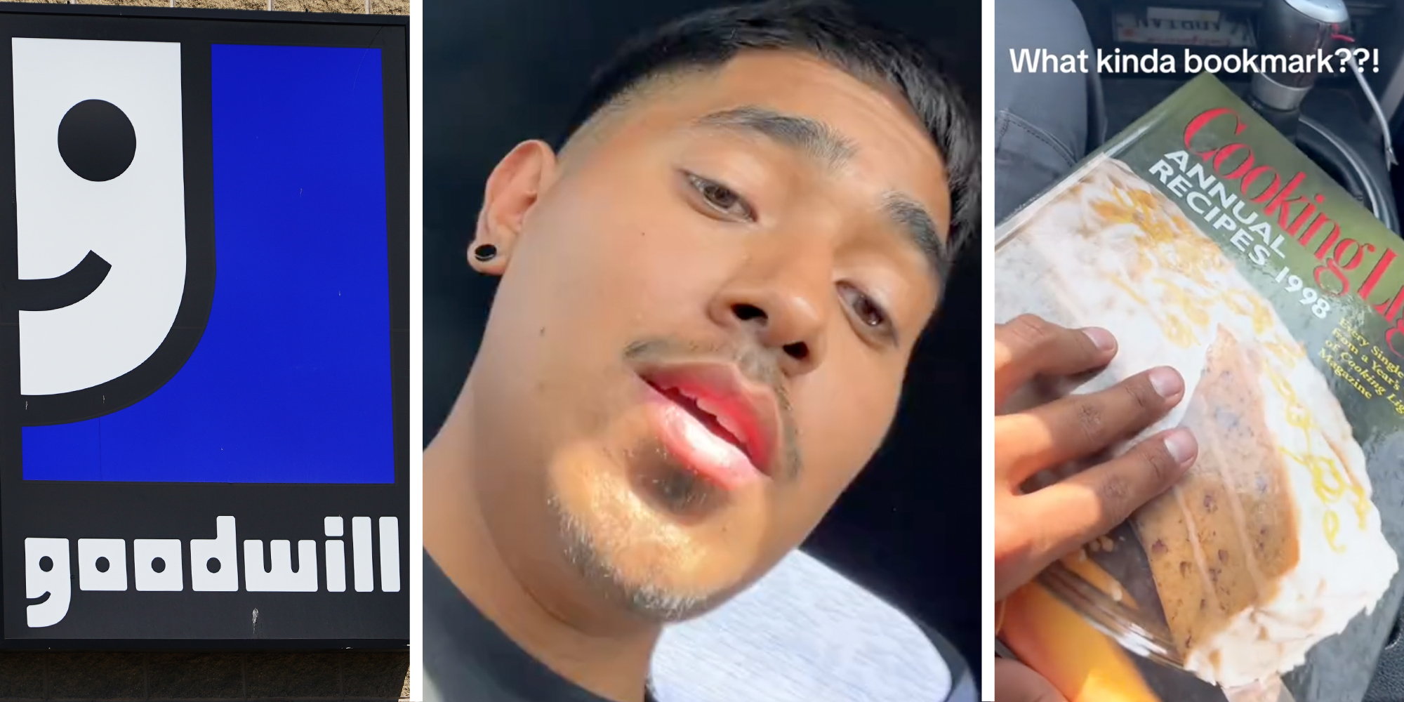 Goodwill sign(l), Man talking(c), Hand holding book with text that says "what kinda bookmark??!"(r)