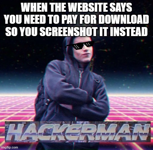"when the website says you need to pay for it so you screenshot it instead" hackerman meme