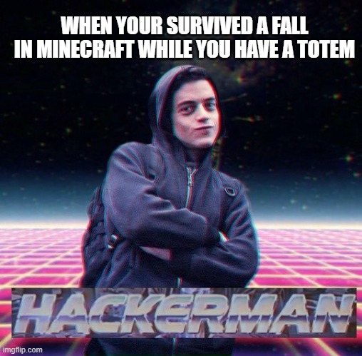 "when you survived a fall in minecraft while you have a totem" hackerman meme