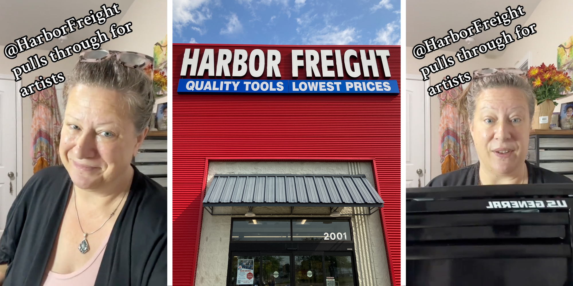 Woman talking with text that says "@harborfreight pulls through for artists"(l+r), Harbor Freight storefront(c)