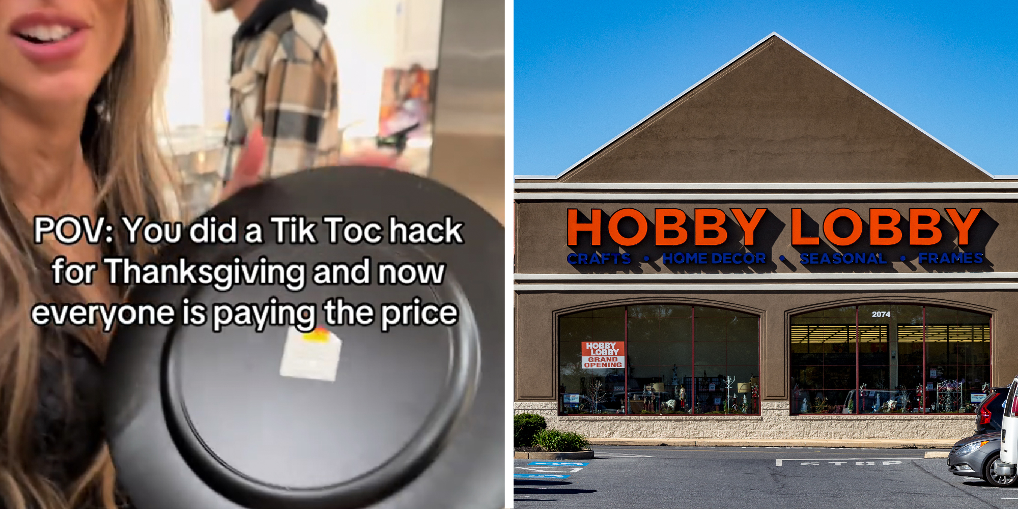 2 panel image. Plate on one side, Hobby Lobby store on the other.