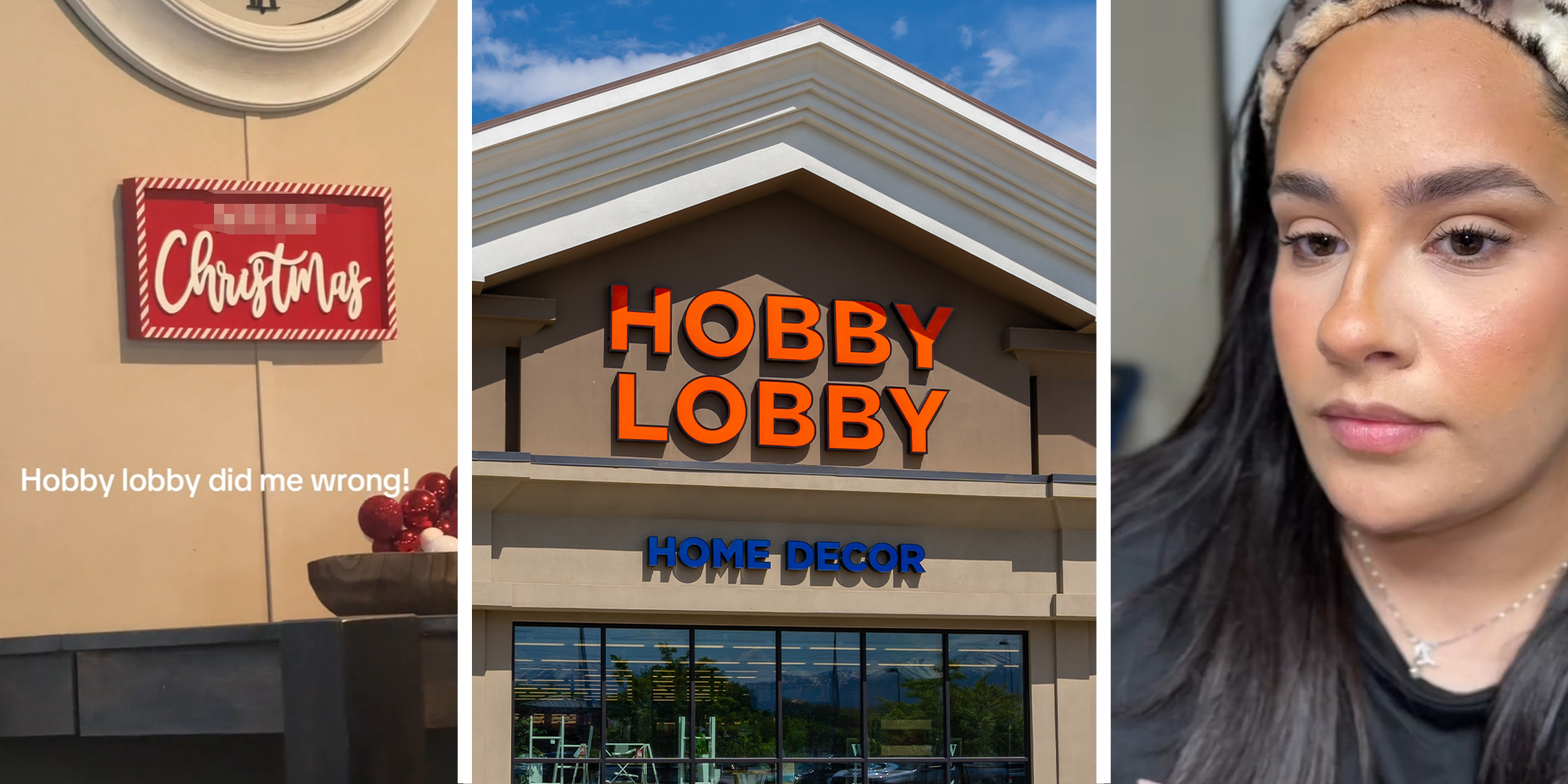 Christmas Signs(l) Hobby Lobby Store Front(c) Woman Sharing her hobby lobby purchase(r)