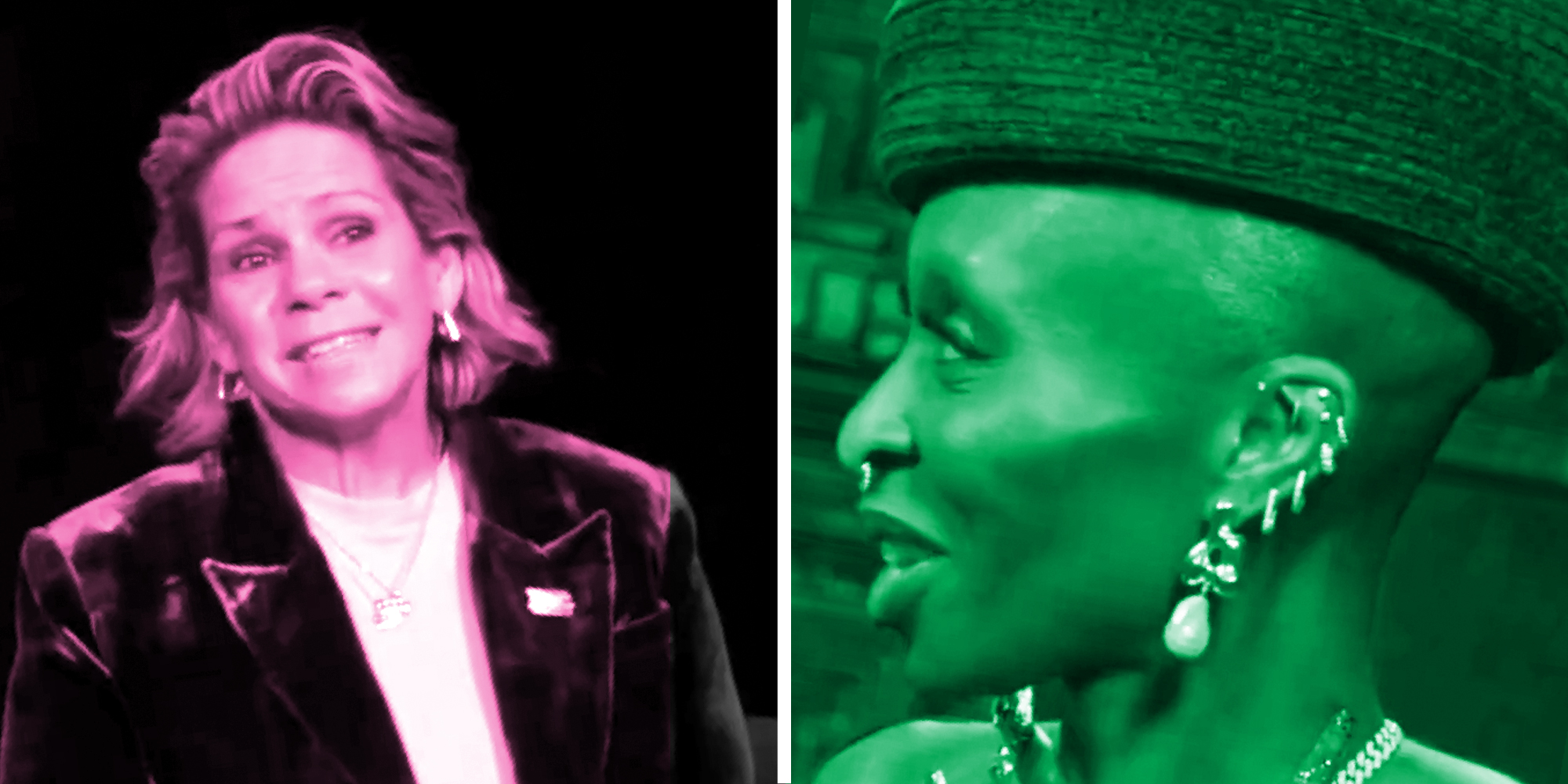 two panel image: the interviewer on the left and Cynthia Erivo on the right.