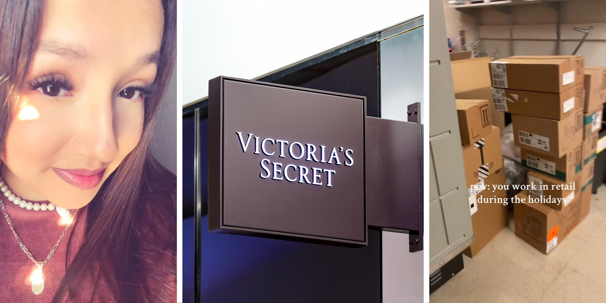 Woman sharing what its like working through the holidays(l) Victoria's Secret Sign(c) Pile of Boxes in a Room(r)