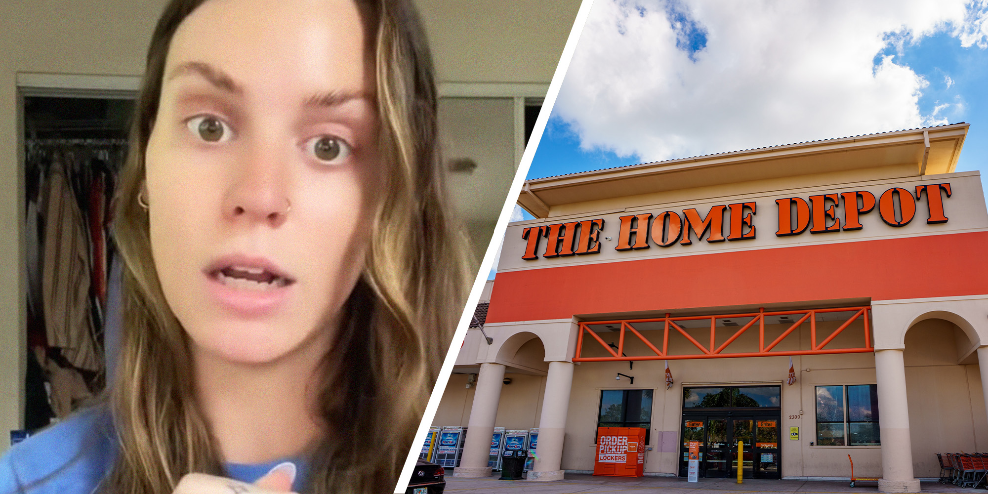 Woman sharing her Home Depot Experience(l) The Home Depot(r)