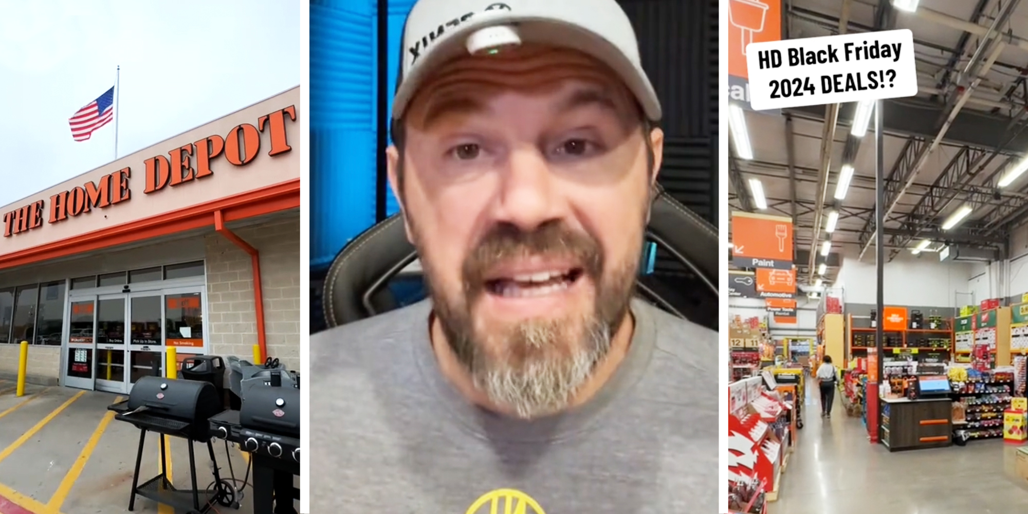 The Home Depot storefront(l), Man talking(c), Interior The Home Depot with text that says "HD Black Friday 2024 Deals"(r)