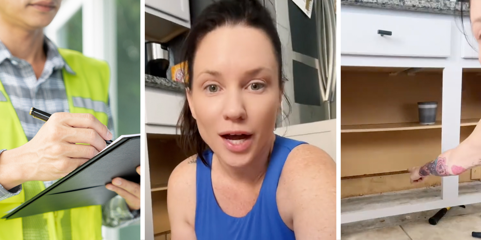 Home inspector(l), Woman talking(c), hand pointing to open cabinents(r)
