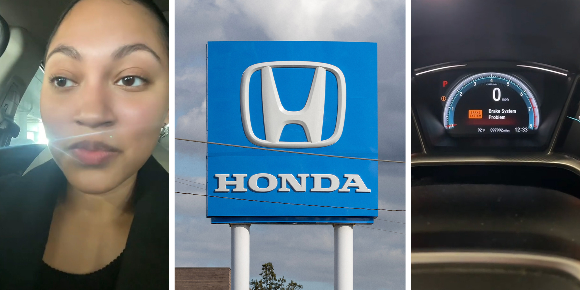 Woman sharing dash errors of her Honda Civic(l) Honda Dealer Sign(c) Honda Dashboard(r)