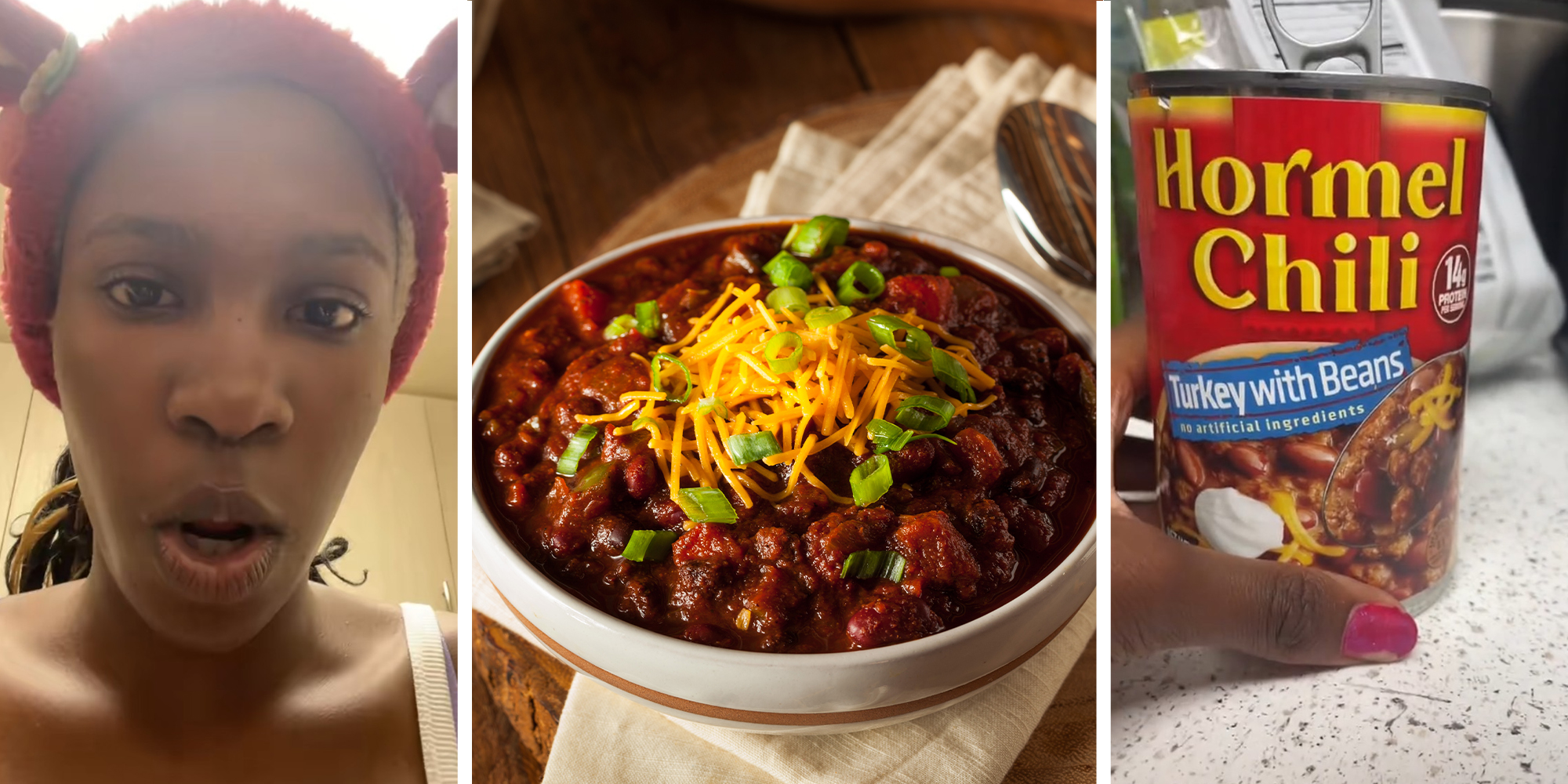 woman looking shocked(l) plate of chili beans and cheese(c) Hormel Chili can(r)