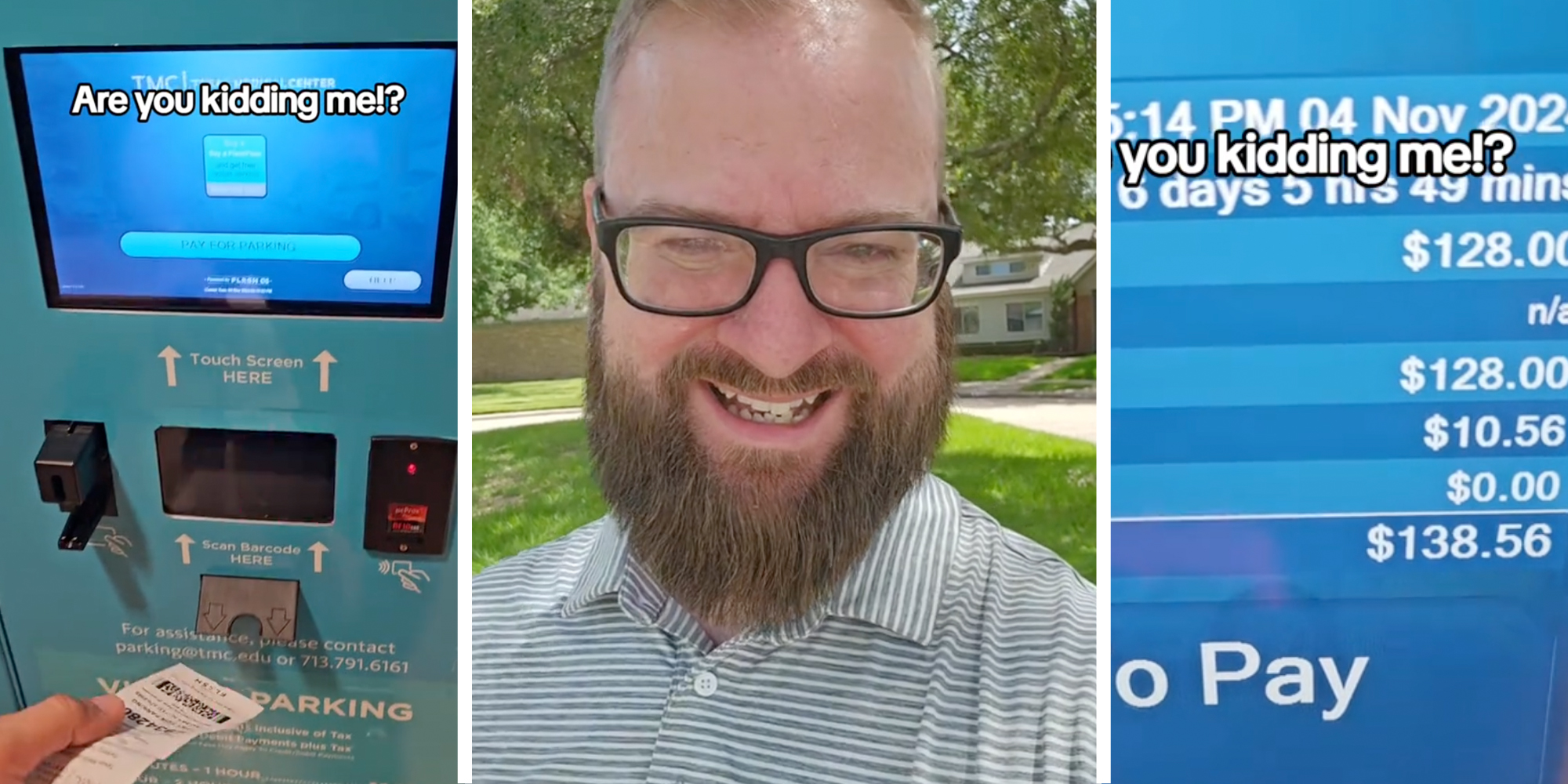 Ticket going into parking machine(l), Man talking(c), Machine screen saying $138.56(r)