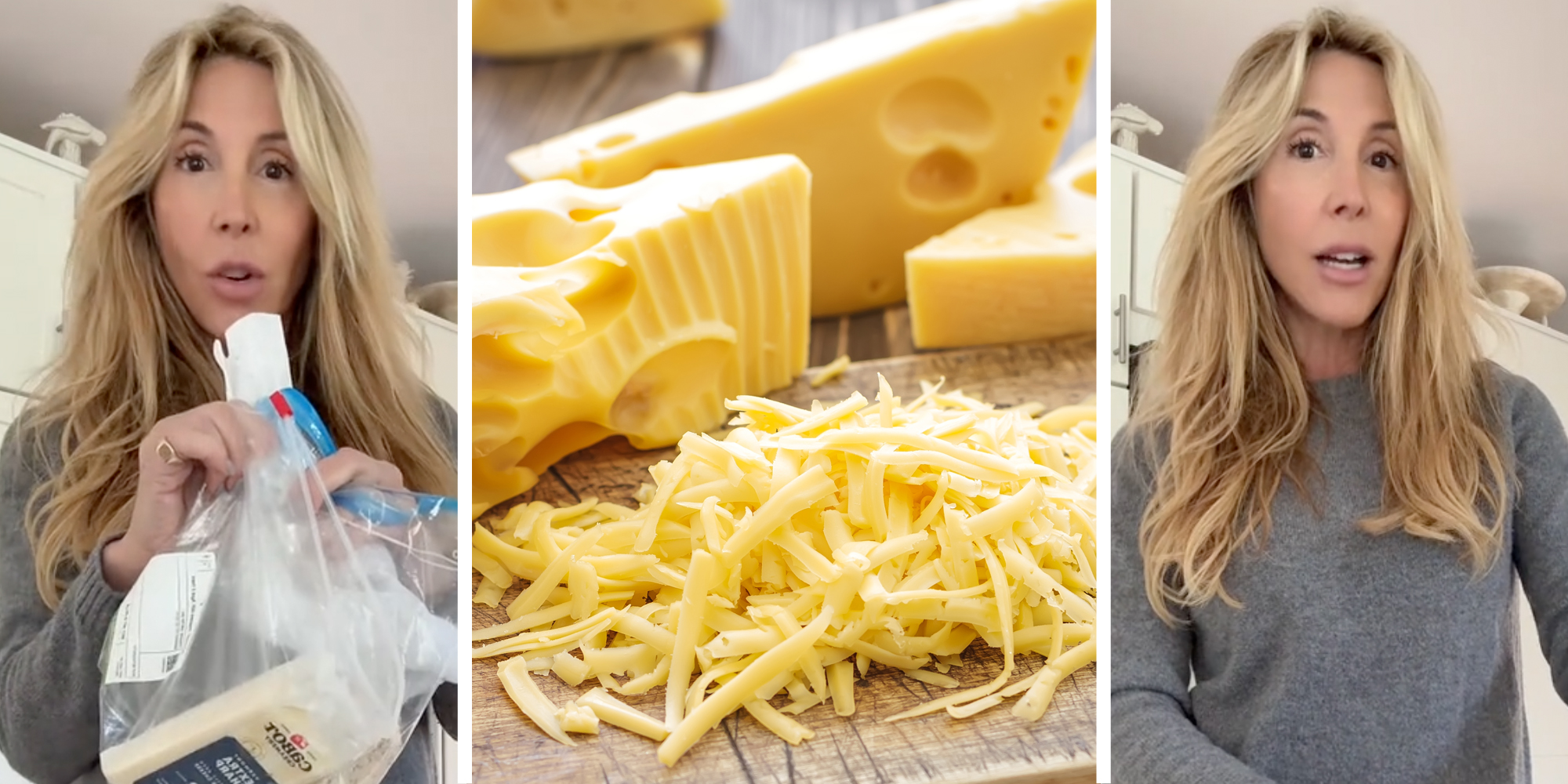 Woman holding plastic bag with cheeses(l), Whole and shredded cheese on board(c), Woman talking(r)