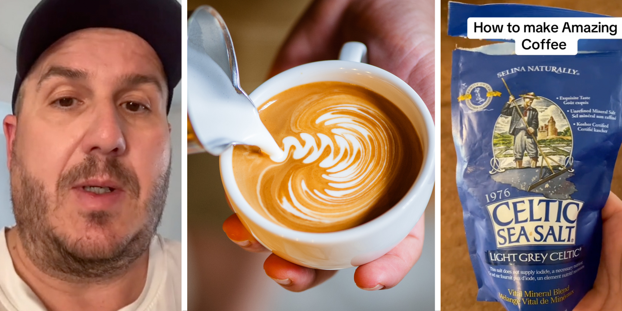 Man talking(l), Coffee being made(c), Hand holding bag of celtic sea salt and text that says "how to make amazing coffee"(r)
