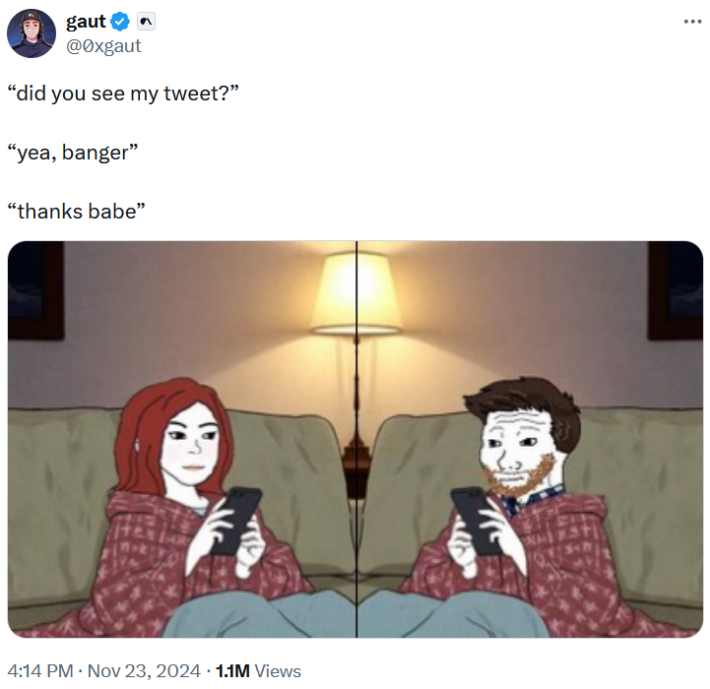 Husbandjak meme with Wifejak on the couch in blankets on their phones.