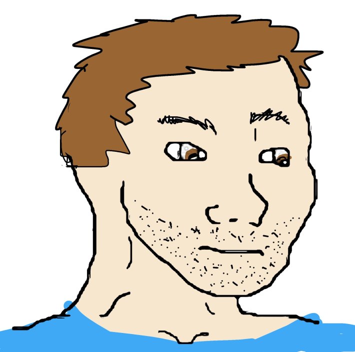 Wojak with brown hair, stubble, and a blue shirt.