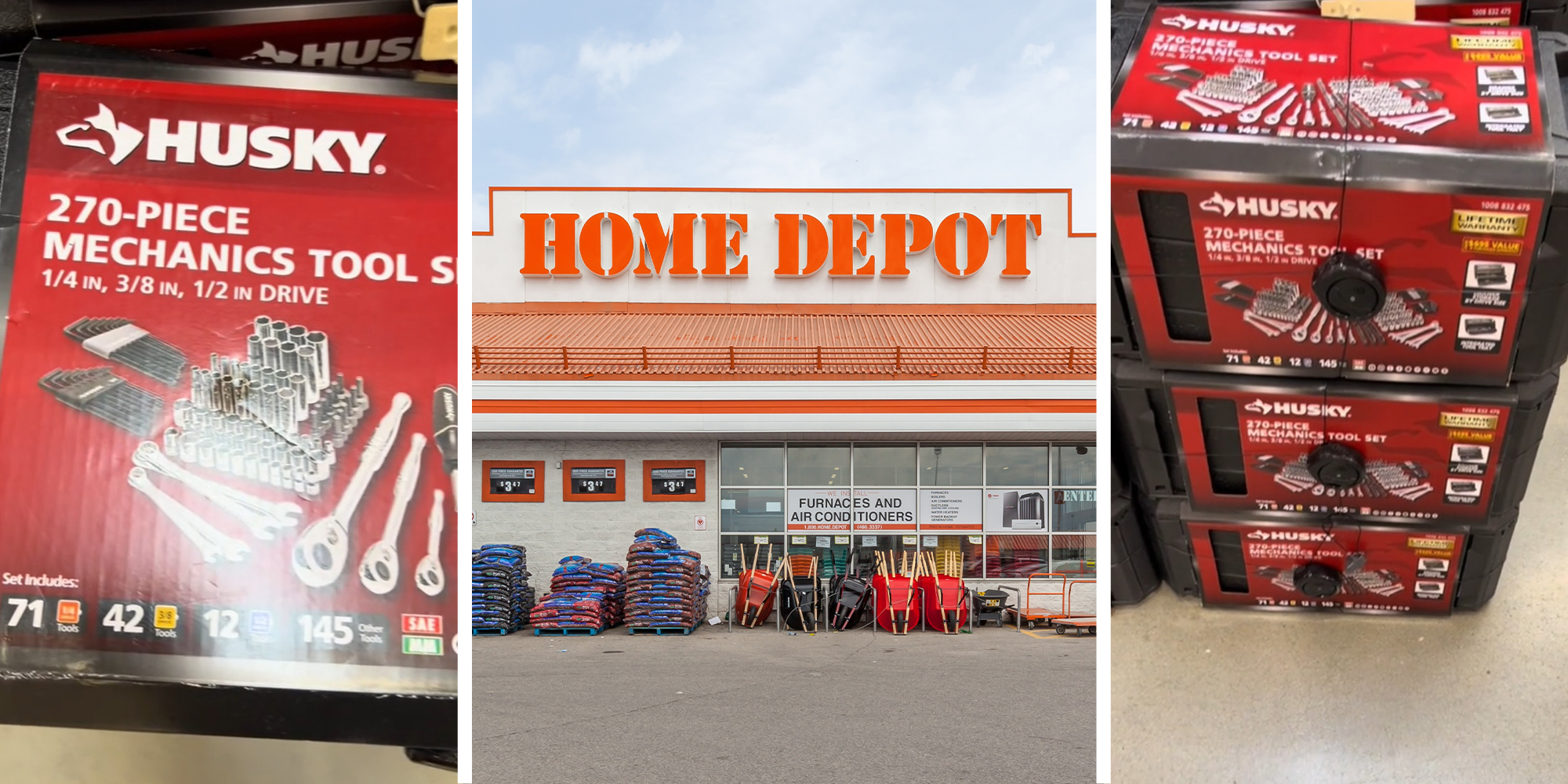 Husky Tool Set(l) Home Depot store Front(c) Husky Tool Set Stacked on top of each other(r)