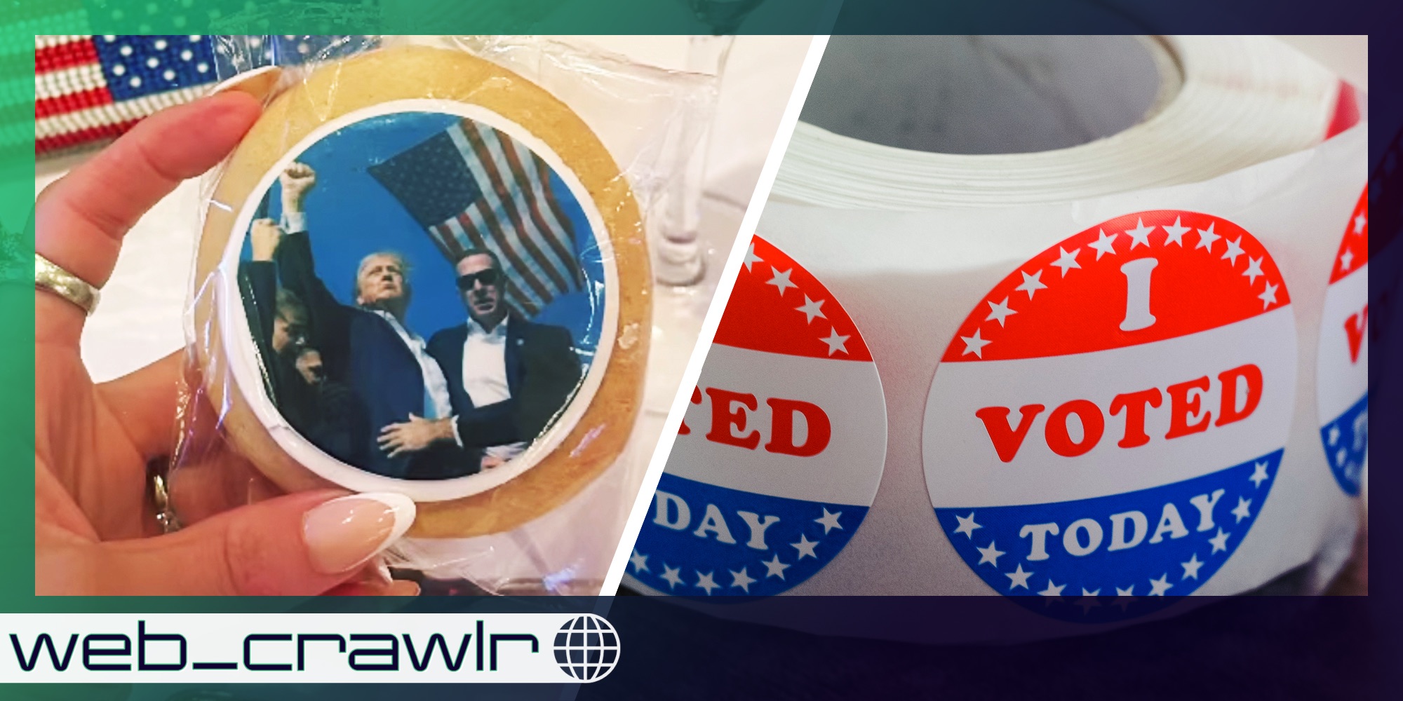 Hand holding cookie with photo of trump's assassination attempt(l), I voted today stickers(r)