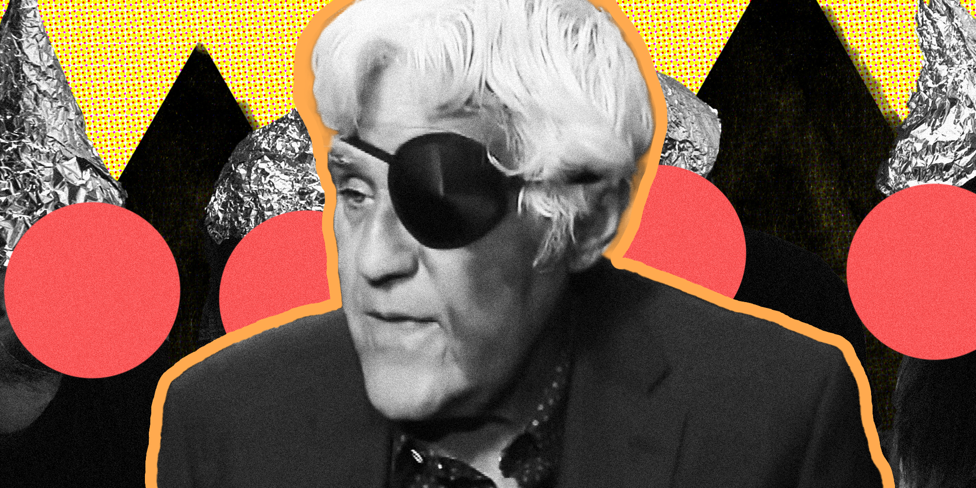 Jay Leno with eye patch in front of abstract image of tinfoil hats