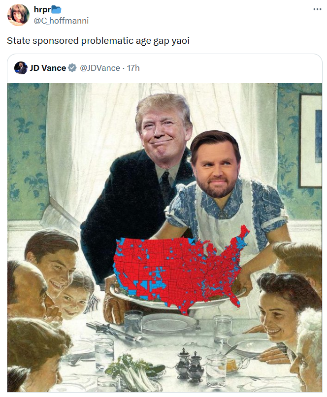 JD Vance Thanksgiving meme tweet reading "State sponsored problematic age gap yaoi."