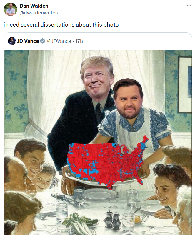 JD Vance Thanksgiving meme tweet reading "i need several dissertations about this photo."