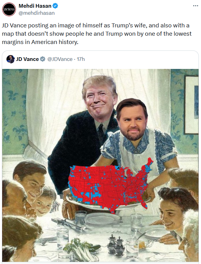 JD Vance Thanksgiving meme tweet reading "what is it about trump that causes the men in his life to behave this way lmao."