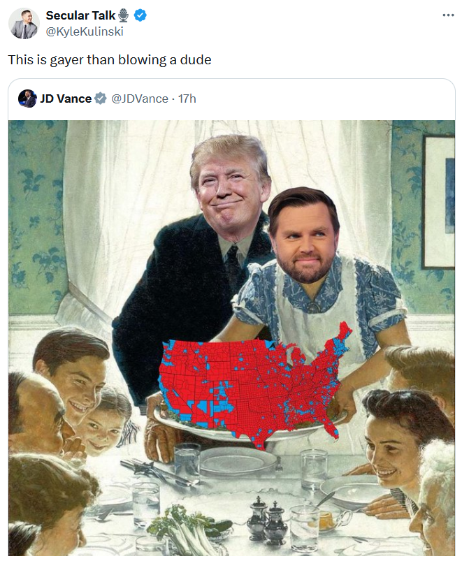 JD Vance Thanksgiving meme tweet reading "This is gayer than blowing a dude."