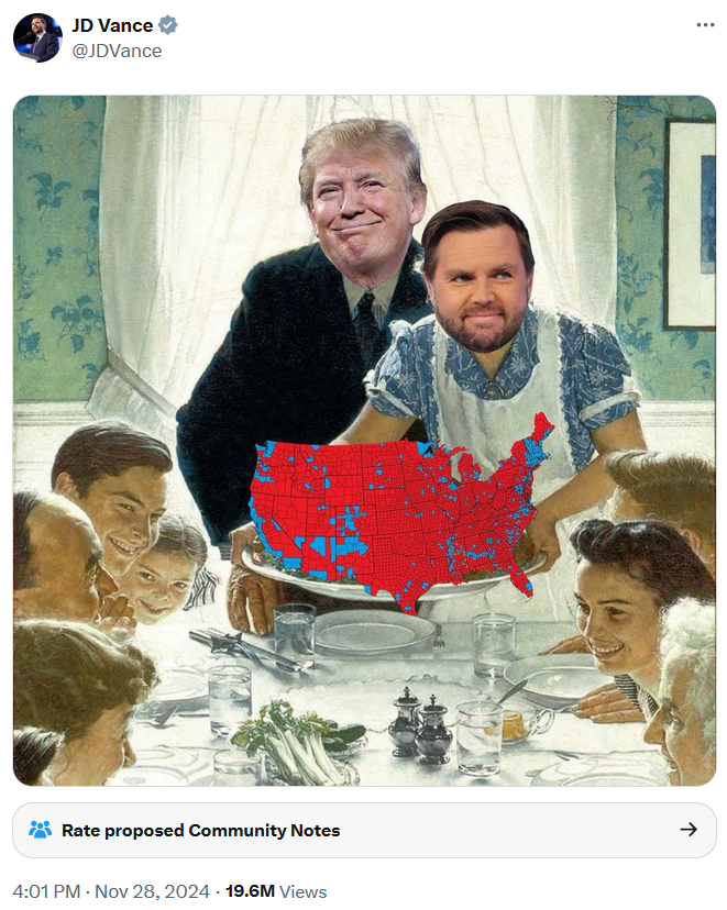 Norman Rockwell's "Freedom from Want" Photoshopped to depict Donald Trump and J.D. Vance as the married couple with the turkey replaced by a U.S. electoral map.