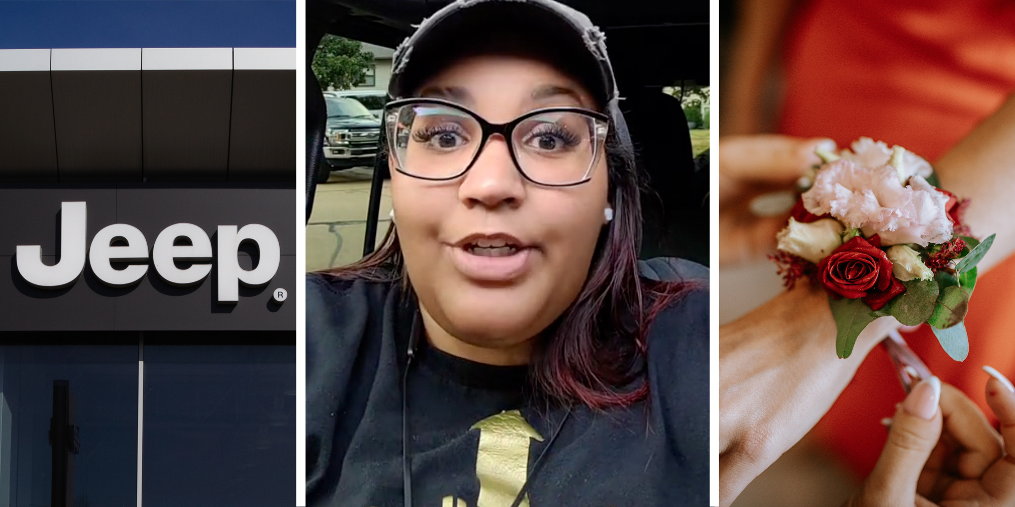 Jeep store(l), Woman talking(c), Hands putting a corsage on a wrist for prom(r)