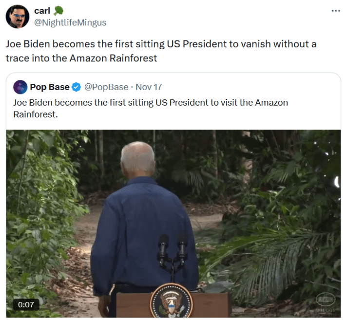 Joe Biden rainforest meme tweet reading "Joe Biden becomes the first sitting US President to vanish without a trace into the Amazon Rainforest."