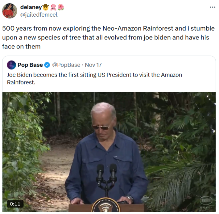 Joe Biden rainforest meme tweet reading "500 years from now exploring the Neo-Amazon Rainforest and i stumble upon a new species of tree that all evolved from joe biden and have his face on them."