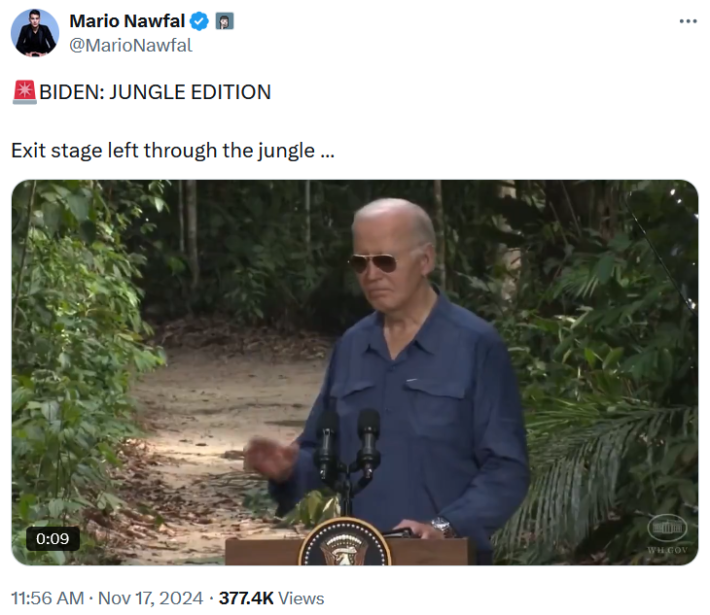Joe Biden rainforest meme tweet reading "BIDEN: JUNGLE EDITION Exit stage left through the jungle …"