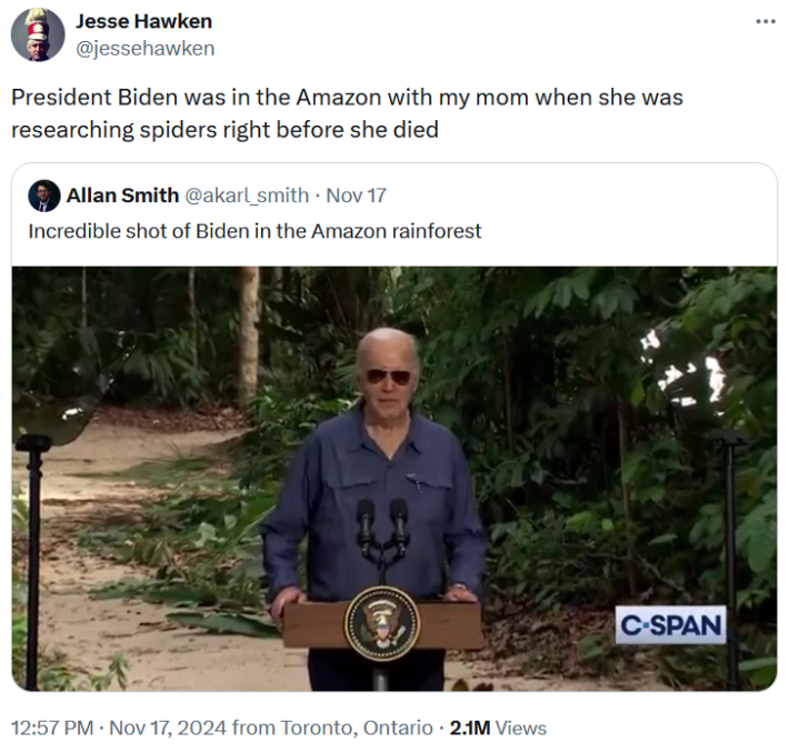 Joe Biden rainforest meme tweet reading "President Biden was in the Amazon with my mom when she was researching spiders right before she died."