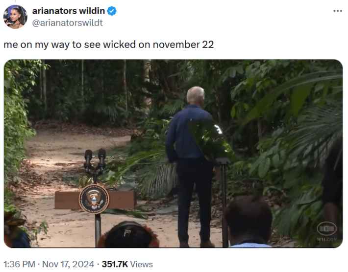 Joe Biden rainforest meme tweet reading "me on my way to see wicked on november 22."
