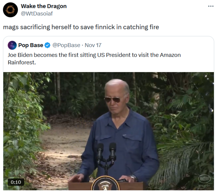 Joe Biden rainforest meme tweet reading "mags sacrificing herself to save finnick in catching fire."