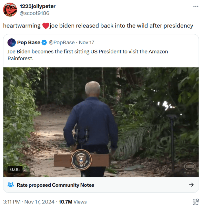 Joe Biden rainforest meme tweet reading "heartwarming ❤️joe biden released back into the wild after presidency."