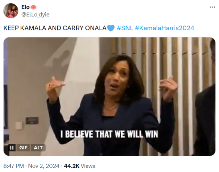 Keep Kamala and Carry Onala meme with a gif of Harris captioned "I believe that we will win."