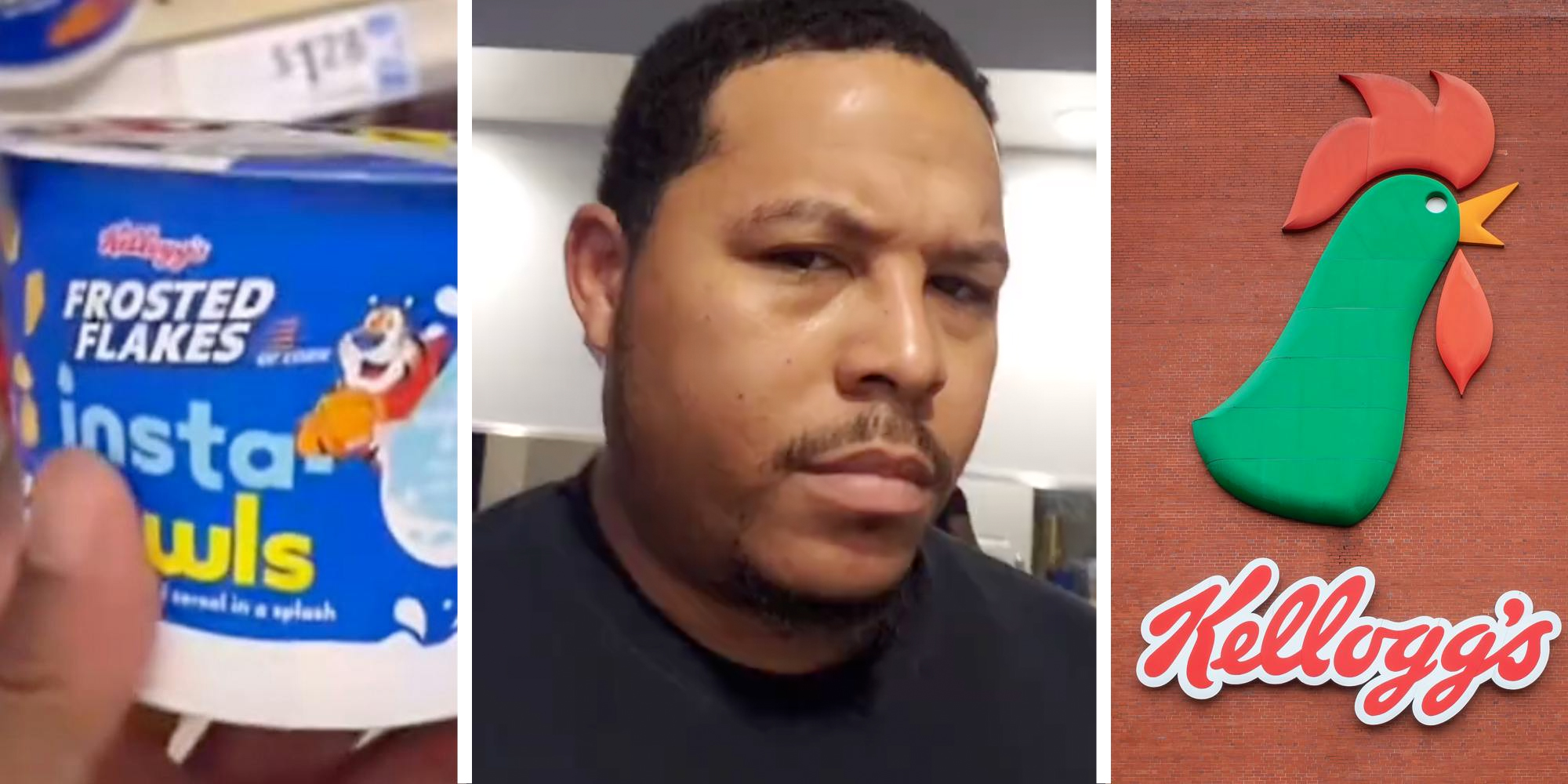 Frosted Flakes instabowl(l), Man talking(c), Kellogg's logo(r)