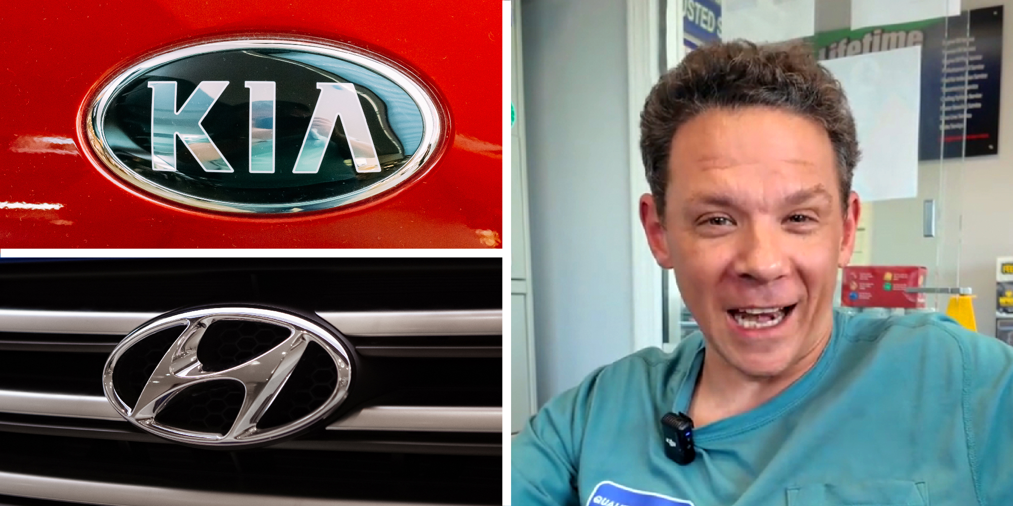 3 part image that shows the Kia logo, the Hyundai logo, and a mechanic talking in a garage.