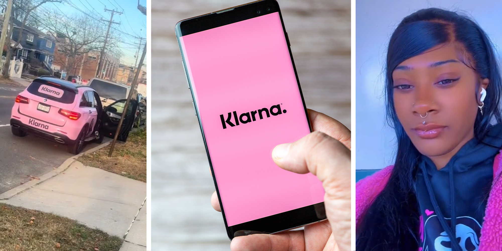 Klarna Car(l) hand holding phone with Klarna Display(c) Woman wearing pink sweater(r)