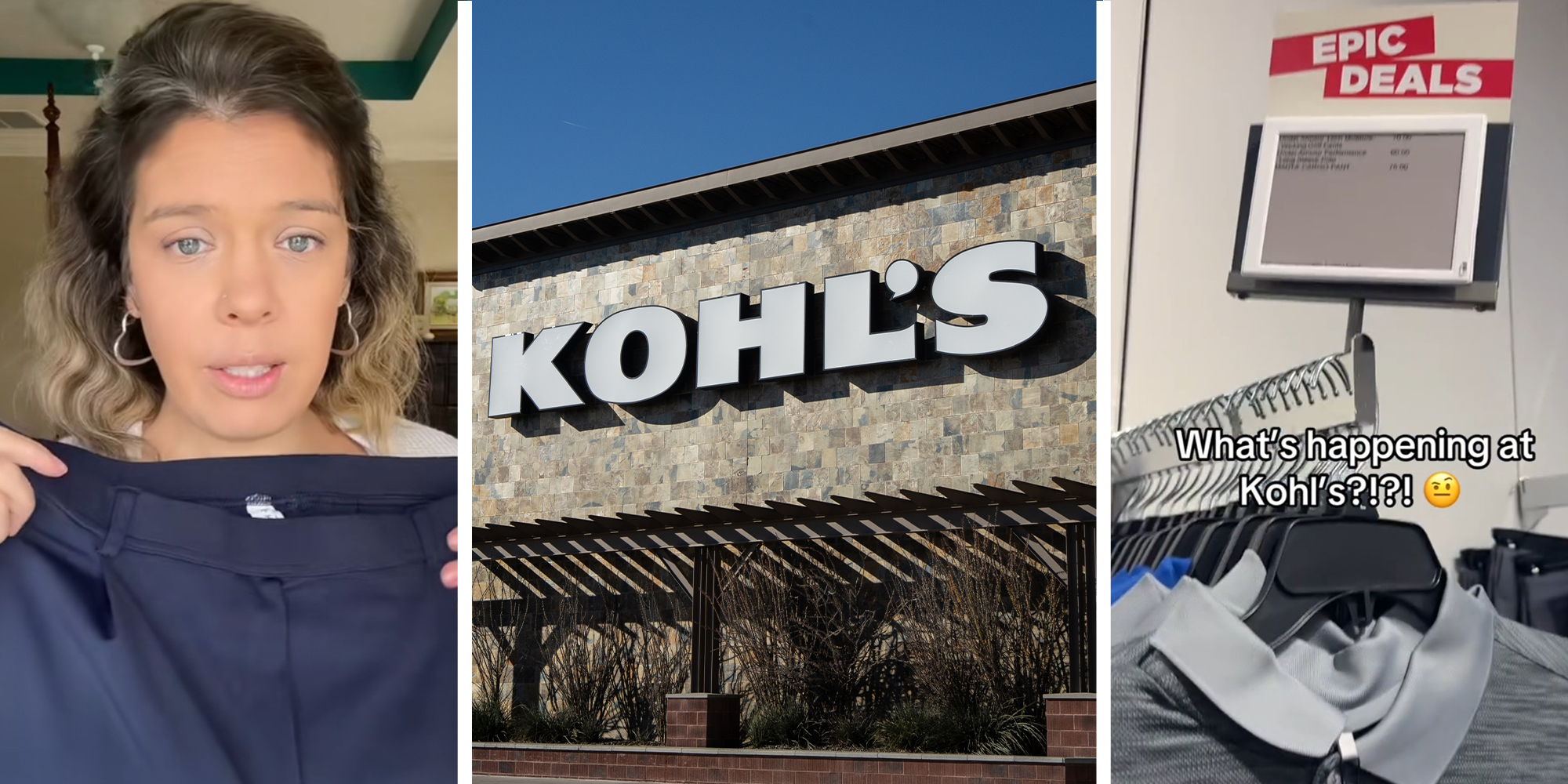 Woman holding up pants(l) Kohls Store Front(c) Khols Sign(r)