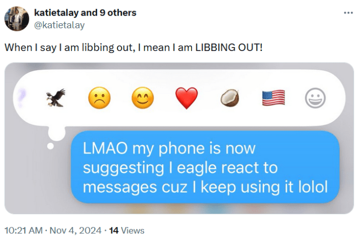 Libbed Up Libbing Out meme with a screenshot of a text showing how the phone is recommending the eagle emoji.