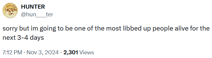 Tweet reading "sorry but im going to be one of the most libbed up people alive for the next 3-4 days."