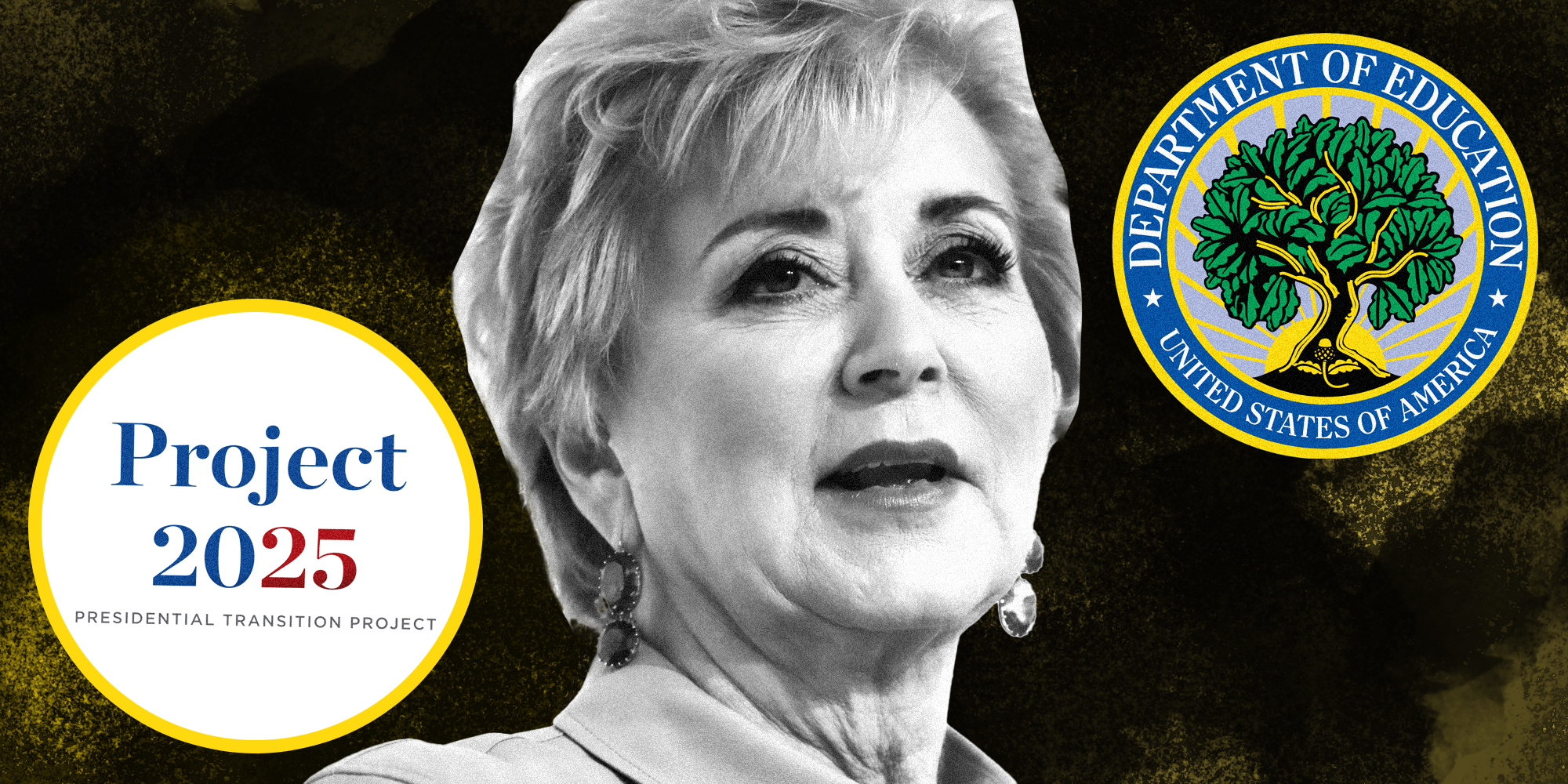 Linda McMahon with Project 2025 logo and Dept of Ed logo
