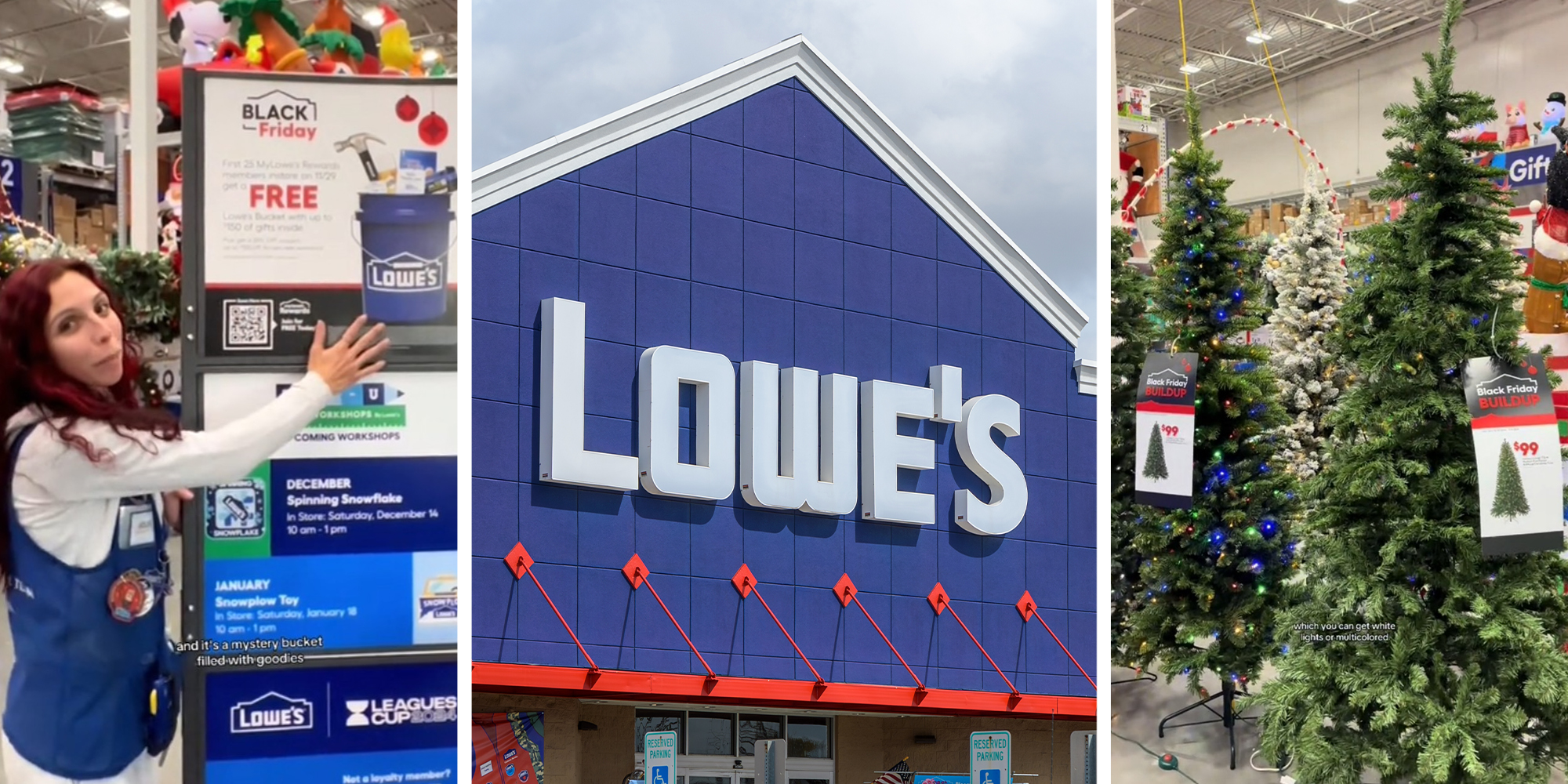 Woman showing ad at LOWES(l) Lowes Store Front(c) Christmas Trees Displayed at Lowes(r)