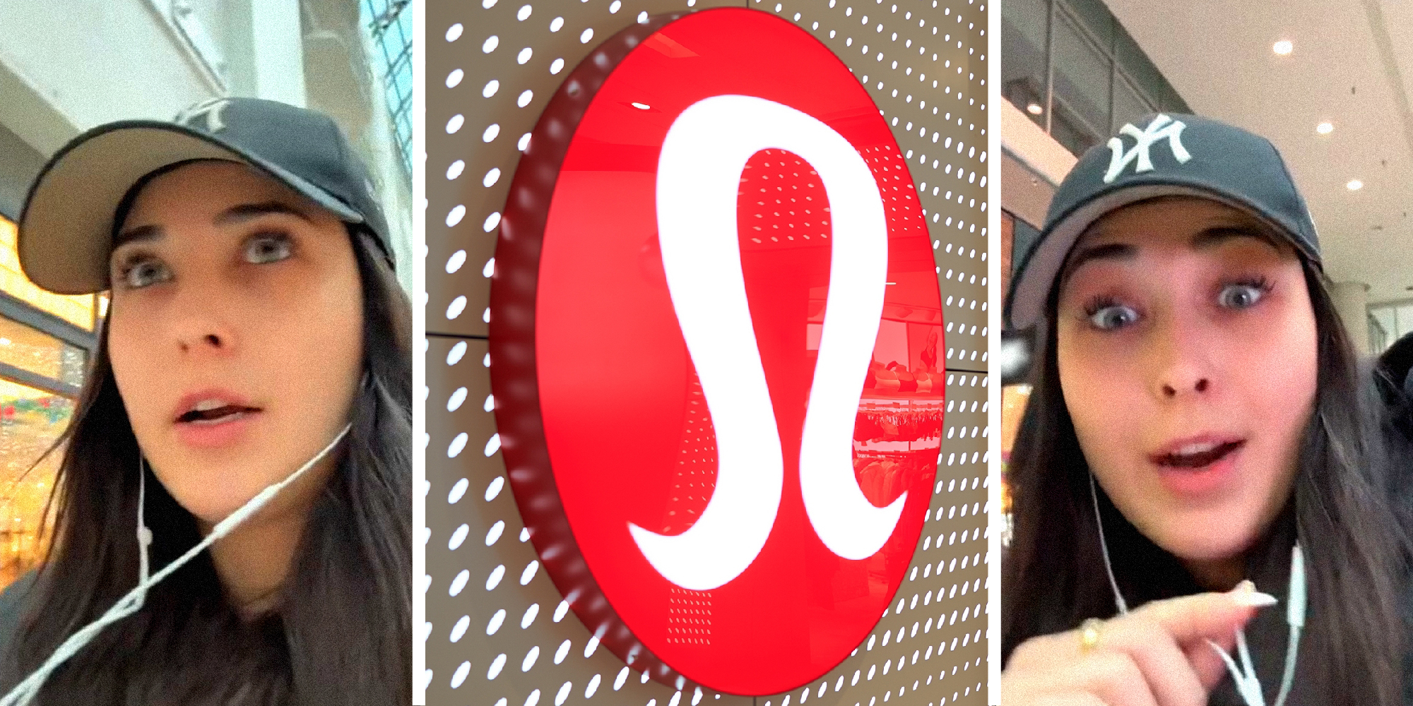 3 panel image, on the sides a person talks into camera. In the middle is the Lululemon logo.