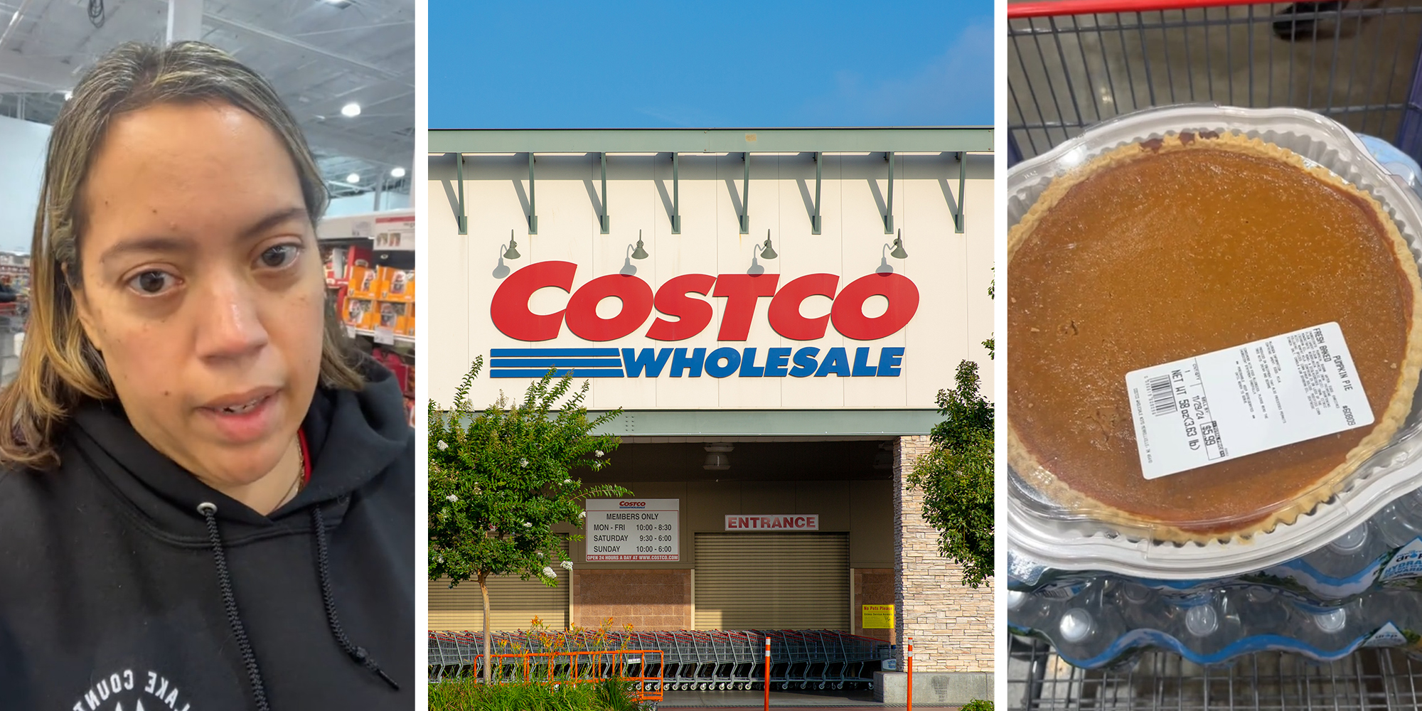 Woman at Costco(l) Costo Store Front(c) Costco Pie(r)