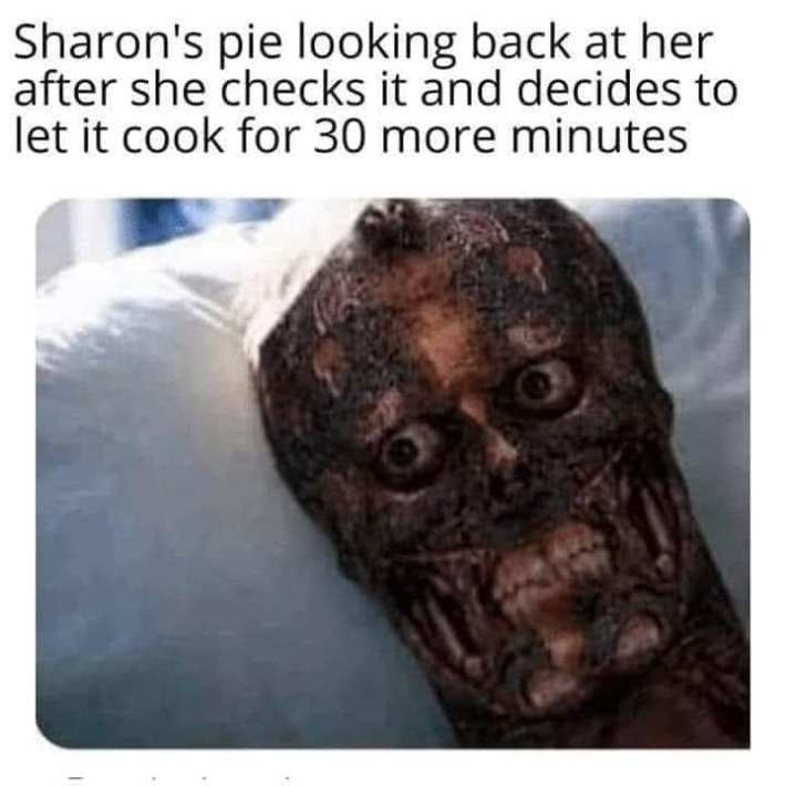 Marie Callender Pie meme with a screenshot of a severely burnt face on a pillow.