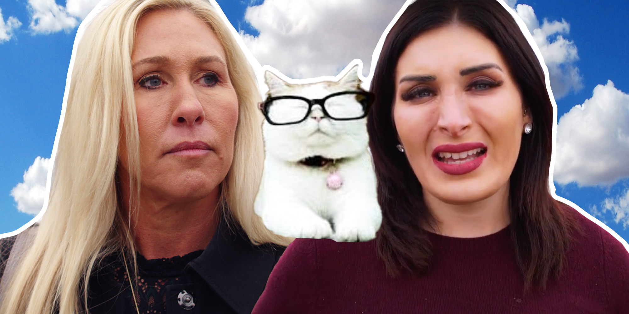 Marjorie Taylor Greene, Catturd, and Laura Loomer in front of blue sky with clouds