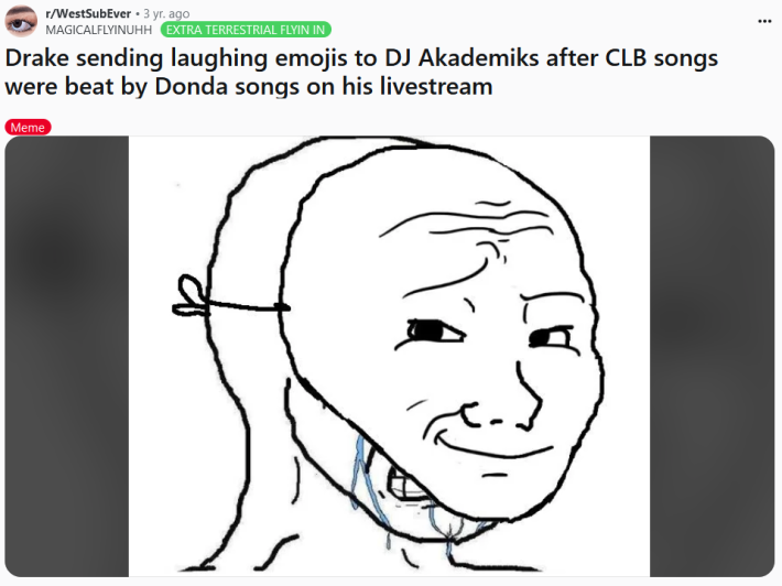 Masked Crying Wojak meme about DJ Akademiks outperforming Drake songs.