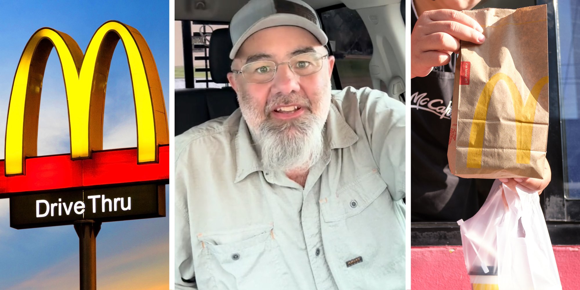 McDonald's Drivethru sign(l), Man talking(c), Drive thru worker passing mcdonald's bags through window(r)